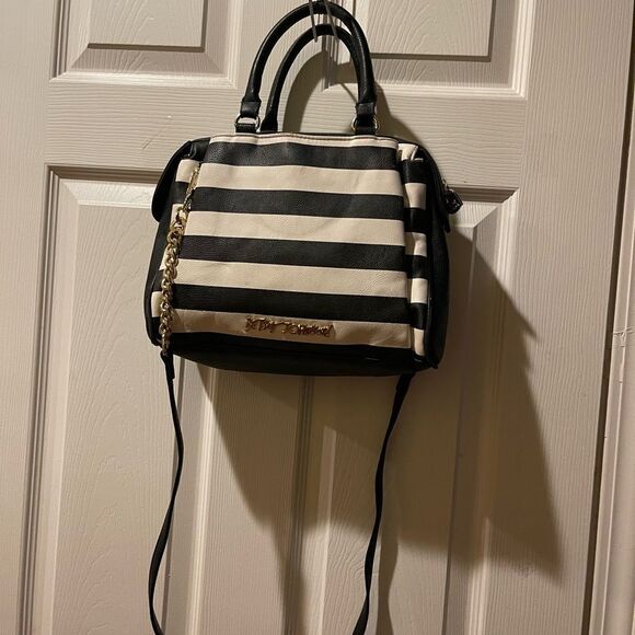 Betsey Johnson  Synthetic Black and White Striped Bow & studs accents satchel - Picture 2 of 13